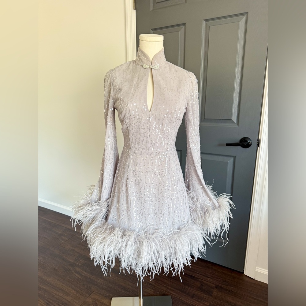 Sau Lee Bianca Mini Sequin and Feather Dress in Silver - Picture 6 of 14